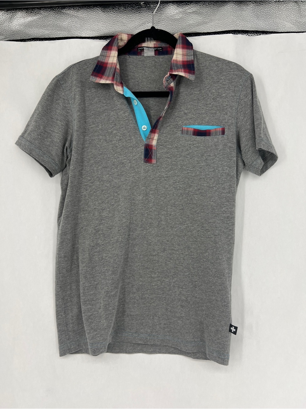 Andrew Christian Grey Polo with Plaid Collar and Turquoise Placket